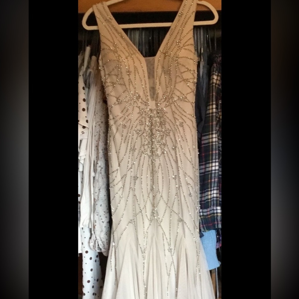 beige beaded formal prom dress